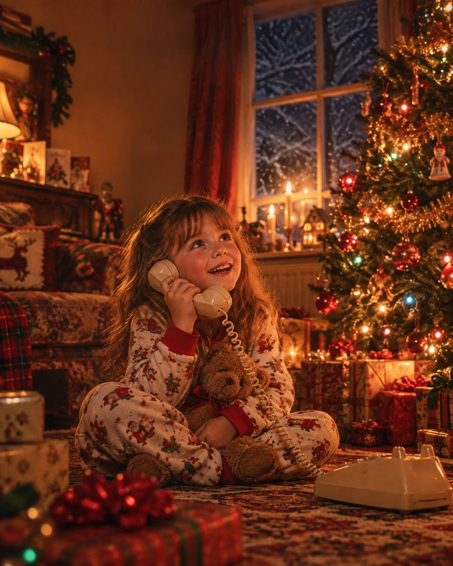The little girl on the phone, smiling.