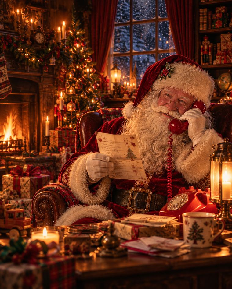 Father Christmas in his cosy study, on a red telephone, reading a child's letter by the fire.