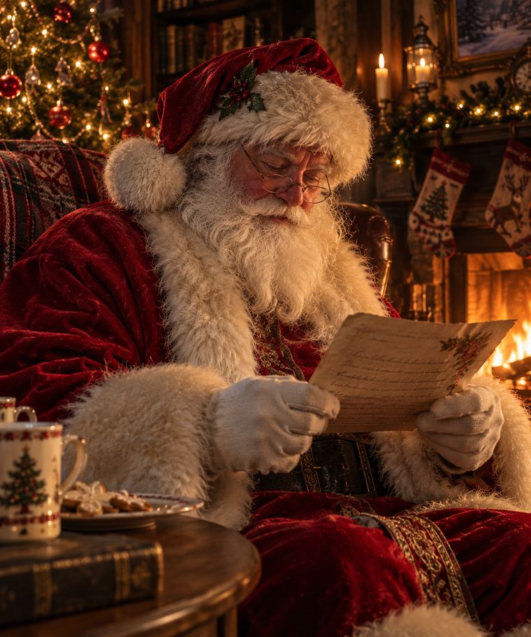 Father Christmas in his red robes, reading a child's letter beside the fire.